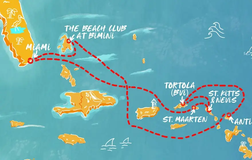 Illustrated route map, Miami to Bimini and the Eastern Caribbean